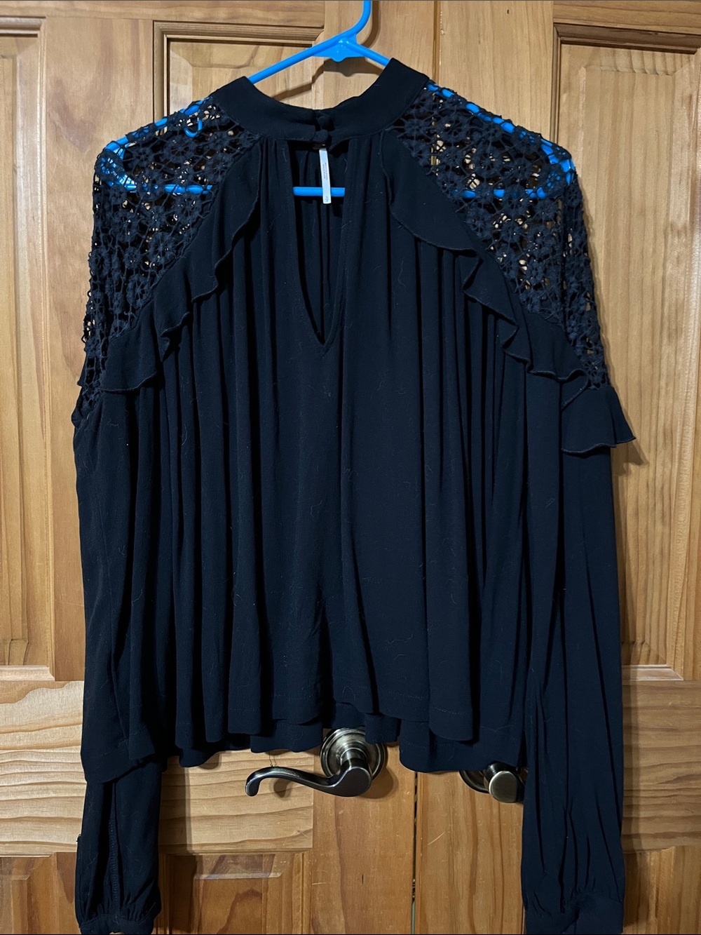 Free People Black Lace-Shoulder Ruffle Blouse